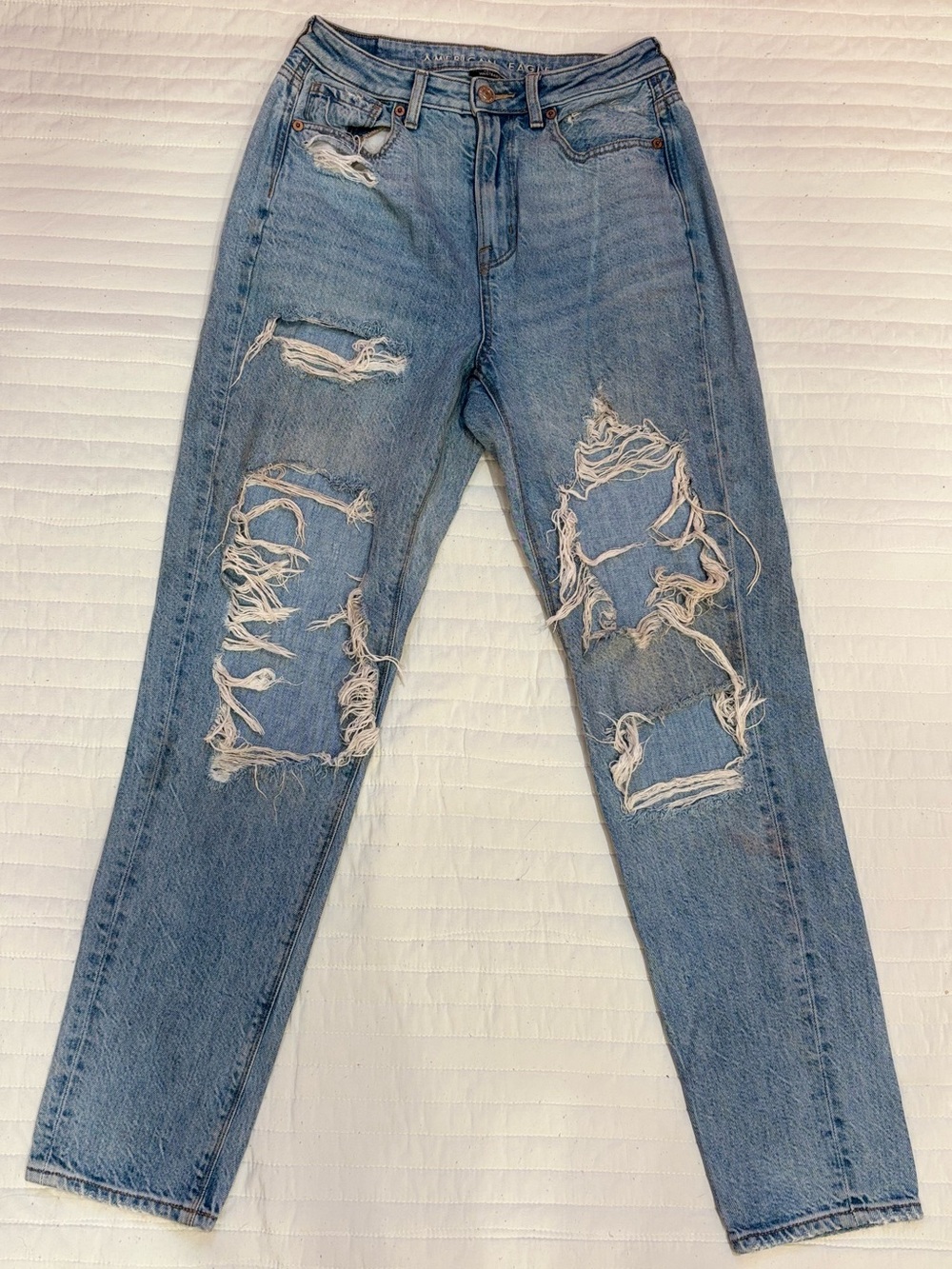 American Eagle Comfort Stretch Highest Rise Mom Jeans Distressed Denim 2 Long